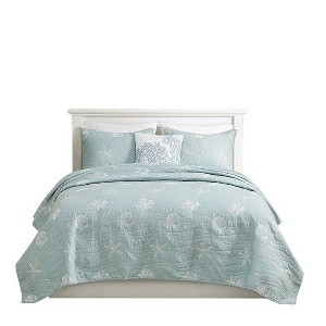 Sapphtopaz Bedding Comforter Set Quilt Set Cotton Reversible Wave Starfish and Seashell Embroidered Quilt 4 Piece - 1 of 4
