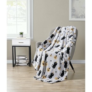 Kate Aurora Autumn Living Halloween Spooky Black Cats & Pumpkins Purple & Black Ultra Plush Throw Blanket - 1 of 1
