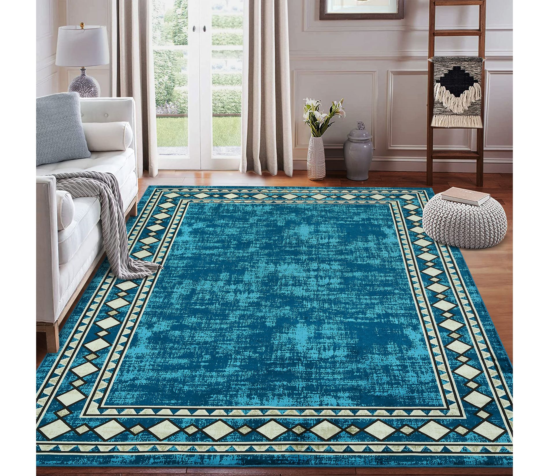 Modern Bordered Area Rug Machine Washable Rug Low Pile Non-Slip Accent Rug, 10'x13'