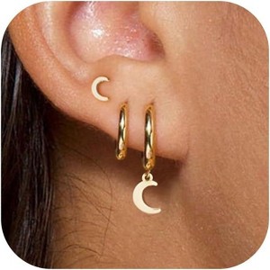 3 Pairs Small Gold Hoop Earring, 14K Gold Plated Earring Stacks Butterfly Heart Star Moon Bow Four Leaf Rhombus Round CZ Pearl - 1 of 4