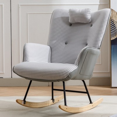 Image of 35.5” Nursery Rocking Chair Cotton Linen Upholstered Glider Chair With High Backrest Armchair, Light Grey