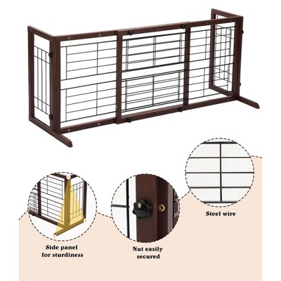 Expandable Brown Solid Wood Freestanding Pet Gate with Wire Mesh