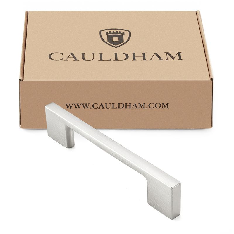 Cauldham Solid Kitchen Cabinet Pulls Handles (3-5/8" Hole Centers) - Modern Thin Profile Drawer/Door Hardware - Style M255 - Satin Nickel, 4 of 6