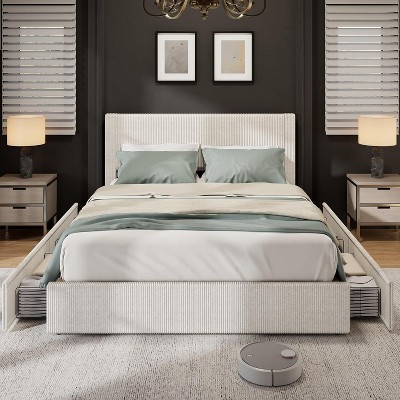 Bed Frame with Tall Tufted Wingback Headboard, Velvet Upholstered Platform Bed with 4 Storage Drawers, No Box Spring Needed