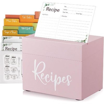 Recipe Box, Wooden Recipe Organizer, Black Holder with 50 Recipe Cards 4"x6" & 6 Dividers, Book for Your Recipes