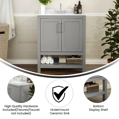 Gray Freestanding Bathroom Vanity with Carrara Marble Top and Ceramic Sink
