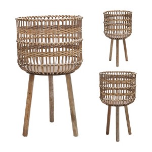 Sagebrook Home 15" Wide 3pc Open Weave Bamboo Planter Pot Brown: Set of Indoor/Outdoor, Floor Standing Planters - 1 of 4