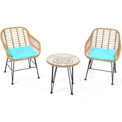 Tangkula 3 Pieces Patio Furniture Set w/Tempered Glass Coffee Table Set for Garden and Backyard White/Red/Turquoise/Grey/Black Cushions