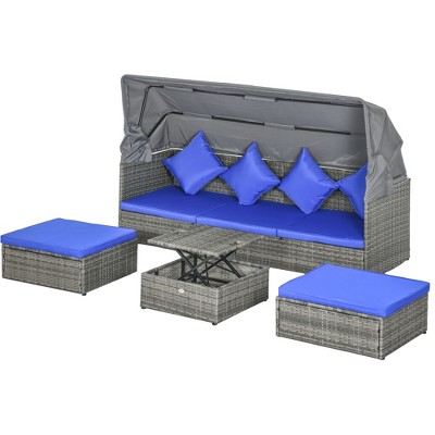 Dark Blue 6-Person Adjustable Canopy Outdoor Rattan Sofa Set