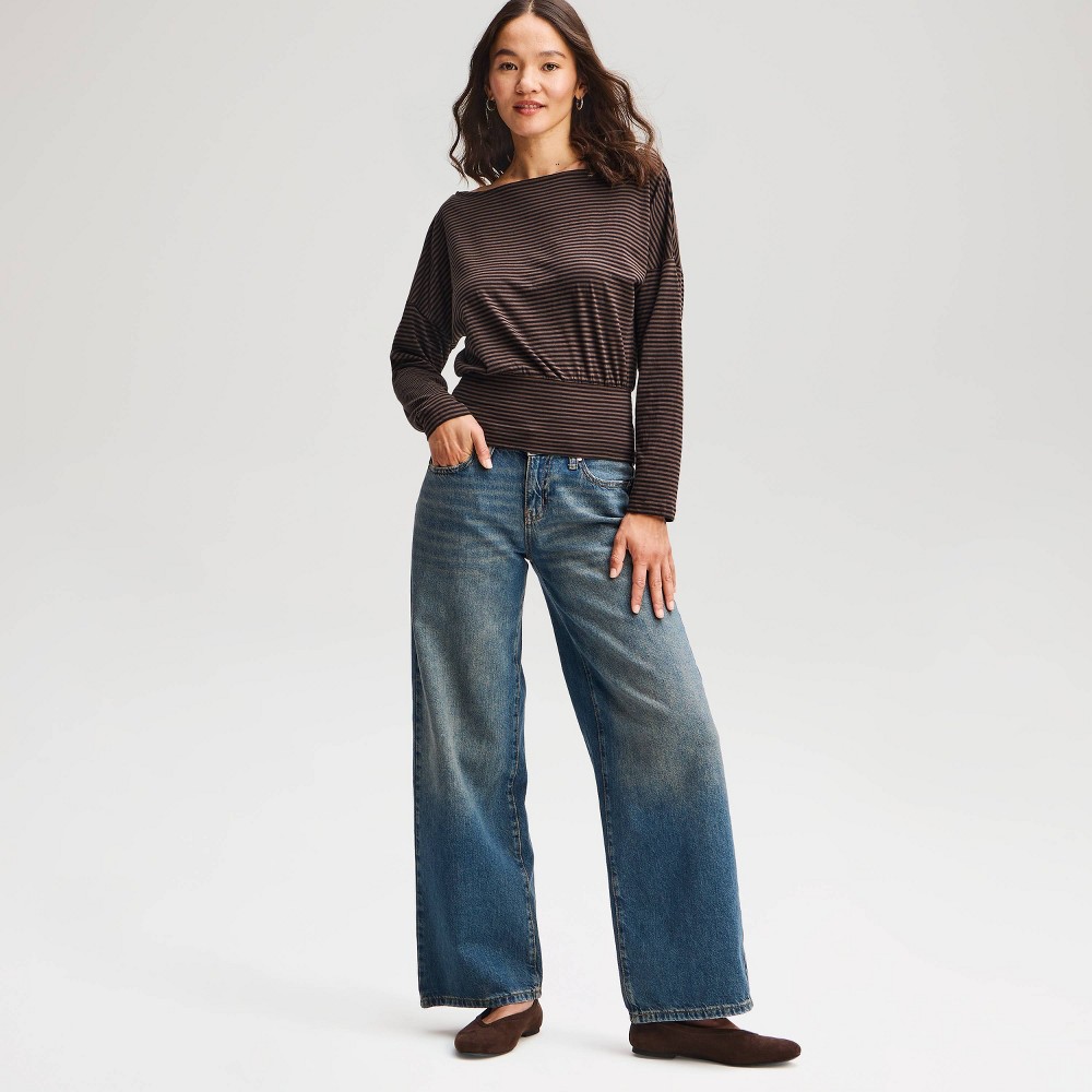 Women's Banded Long Sleeve Off the Shoulder Top - Wild Fable™ Brown Striped L