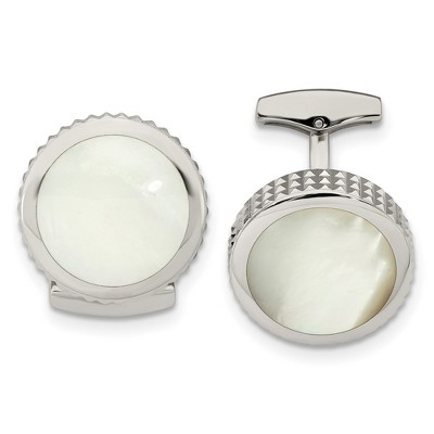 Black Bow Jewelry Stainless Steel & Mother of Pearl Studded Round Cuff Links, 19mm