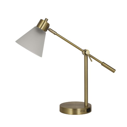 Articulated Task Table Lamp Frosted Shade With Outlet Brass