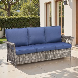 Belord 79" Outdoor Patio Sofa, All-Weather Gray Wicker 3-Seater Couch with 5-Inch Wide Armrests and Thick Cushions for Porch, Deck, or Backyard - 1 of 4