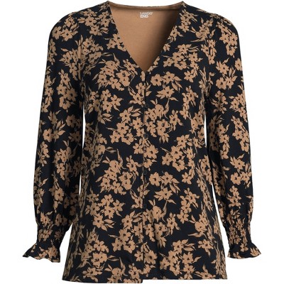 Lands' End Women's 3/4 Sleeve Lightweight Jersey Button Front Top
