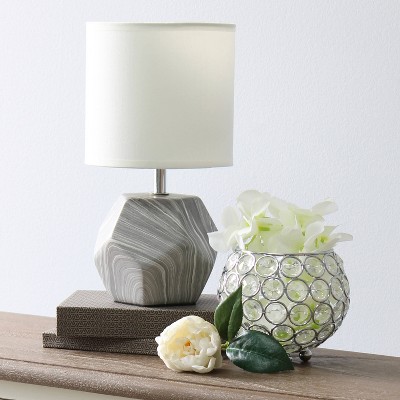 Gray and White Marbled Ceramic Mini Table Lamp with Fabric Shade