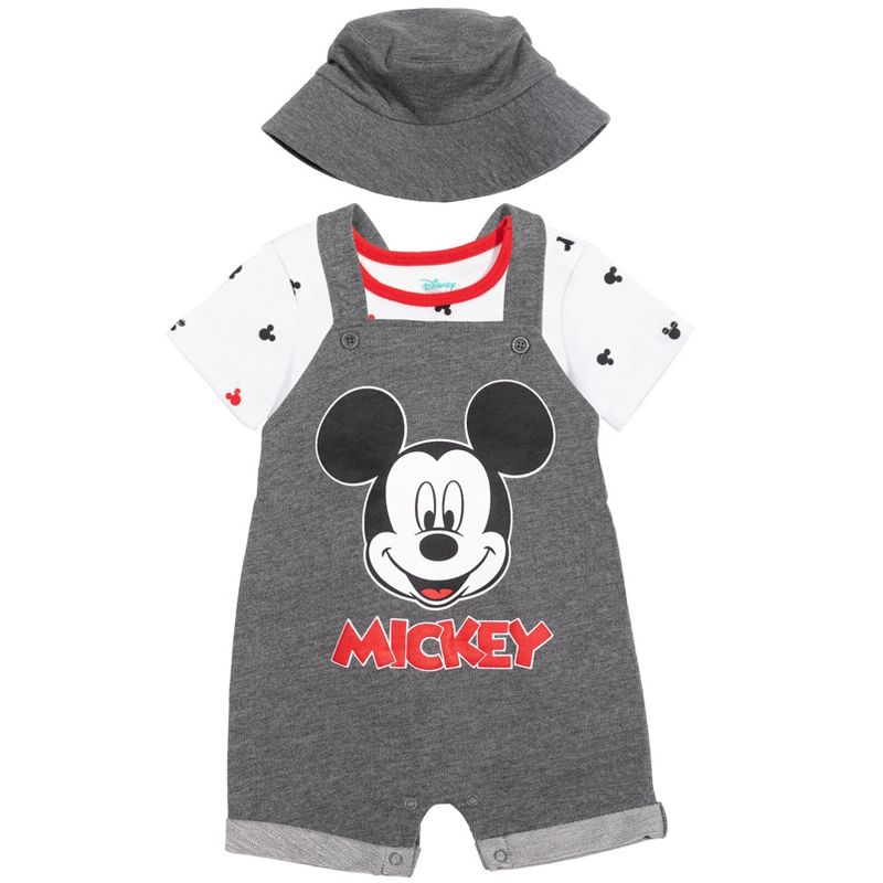 Disney Mickey Mouse Baby French Terry Short Overalls T-Shirt and Hat 3 Piece Outfit Set Newborn to Infant, 4 of 12