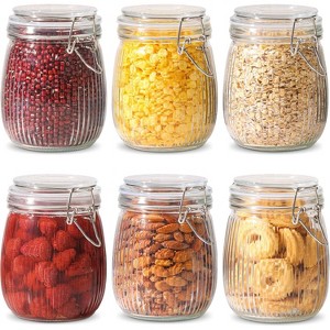 Airtight glass jars, 25 oz, 6-pack, glass storage jars, striped clip-on jars, suitable for kitchen storage. - 1 of 4