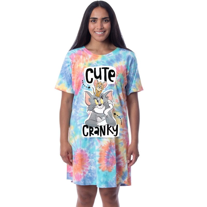 Tom And Jerry Womens' Cute Cranky Tie-Dye Nightgown Sleep Pajama Shirt Multicolored, 1 of 4
