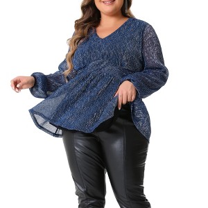 Agnes Orinda Women's Plus Size Glitter Sequin V-Neck Waist Pleat Lantern Sleeve Sparkly Peplum Blouse - 1 of 4