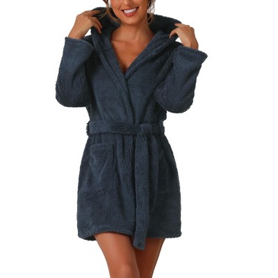 cheibear Women's Winter Fuzzy Belted Hooded Flannel Plush Bath Robe with Pockets