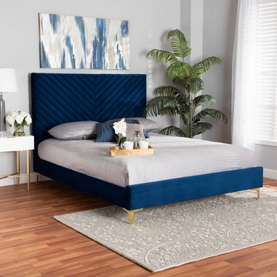 Elegant Chevron Tufted King Platform Bed in Lavish Blue Velvet