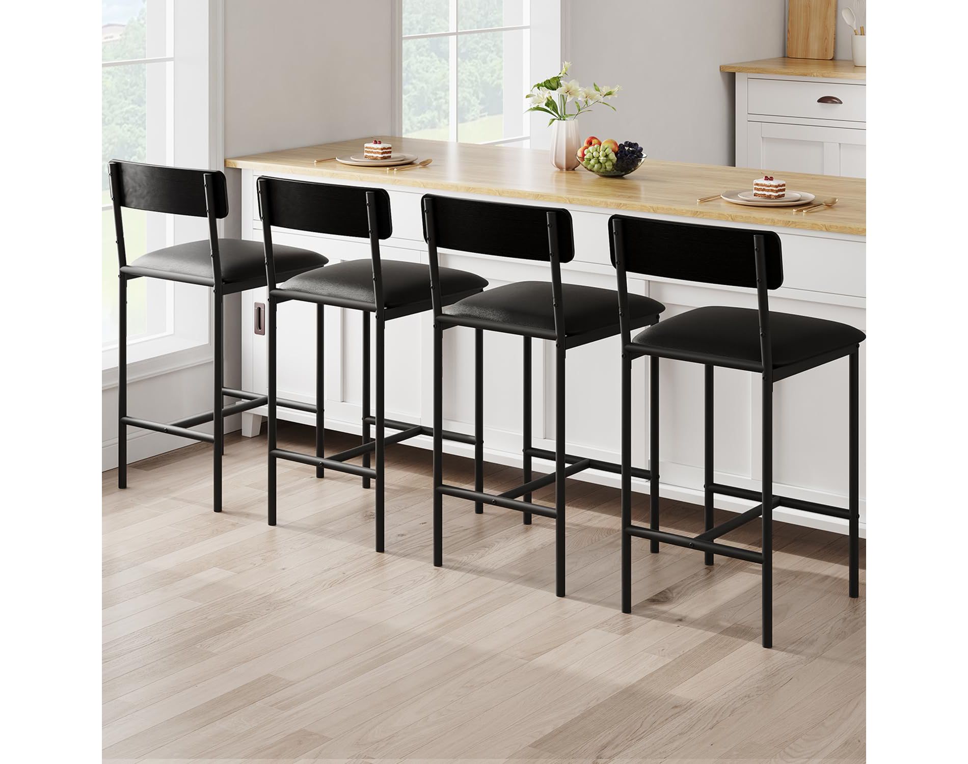 4-Pack Counter Bar Stools with Backrest & Footrest, Upholstered Kitchen Island Stools, Easy Assembly, Black