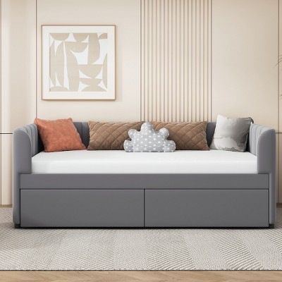 Twin Bed With Ergonomic Design Backrest And Trundle, Upholstered Bed Frame With A Twin Size Trundle, Grounded Bed Modern-Cuddlewood