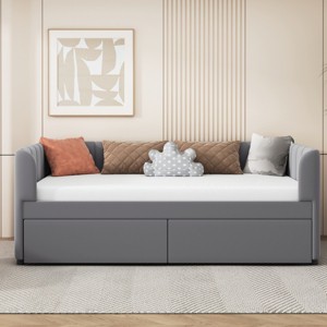 Twin Bed With Ergonomic Design Backrest And Trundle, Upholstered Bed Frame With A Twin Size Trundle, Grounded Bed Modern-Cuddlewood - 1 of 4