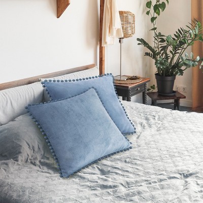 Dusty Blue Velvet Euro Pillow Covers with Pom Pom Fringe, 18x18 Set