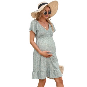 Coolmee Women Summer Midi Dress Maternity Floral Boho Wrap Short Sleeve V Neck Ruffle A-Line Flowy Sundress - 1 of 4