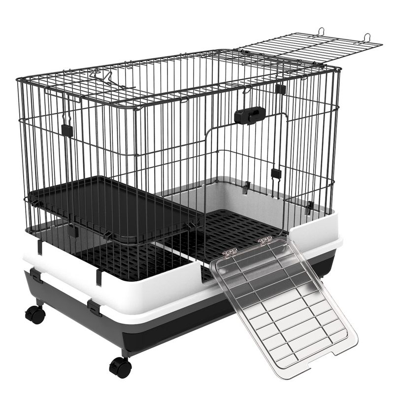 PawHut 2-Level Small Animal Cage Rabbit Hutch with Wheels, Removable Tray, Platform and Ramp for Bunny, Chinchillas, Ferret, 5 of 10