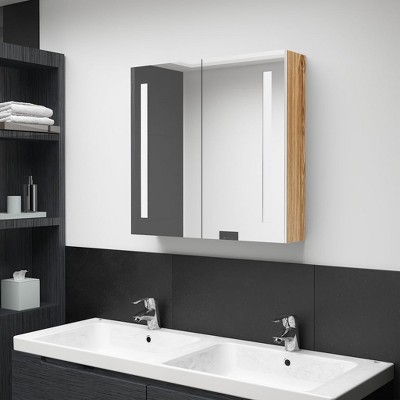 vidaXL LED Bathroom Mirror Cabinet White and Oak 24.4 in.x5.5 in.x23.6 in.