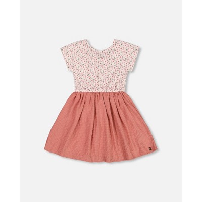 Deux par Deux Girl Bi-Material Dress with Printed Top Small Flowers and Pink