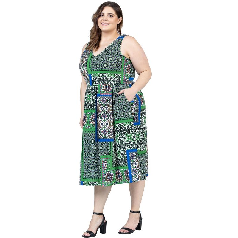 24seven Comfort Apparel Plus Size Midi Length Green Scarf Print Sleeveless Pleated Pocket Dress, 5 of 7