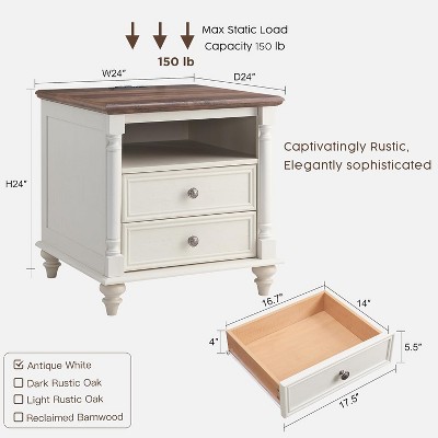 24" White and Brown Wood Farmhouse Nightstand with 2 Drawers