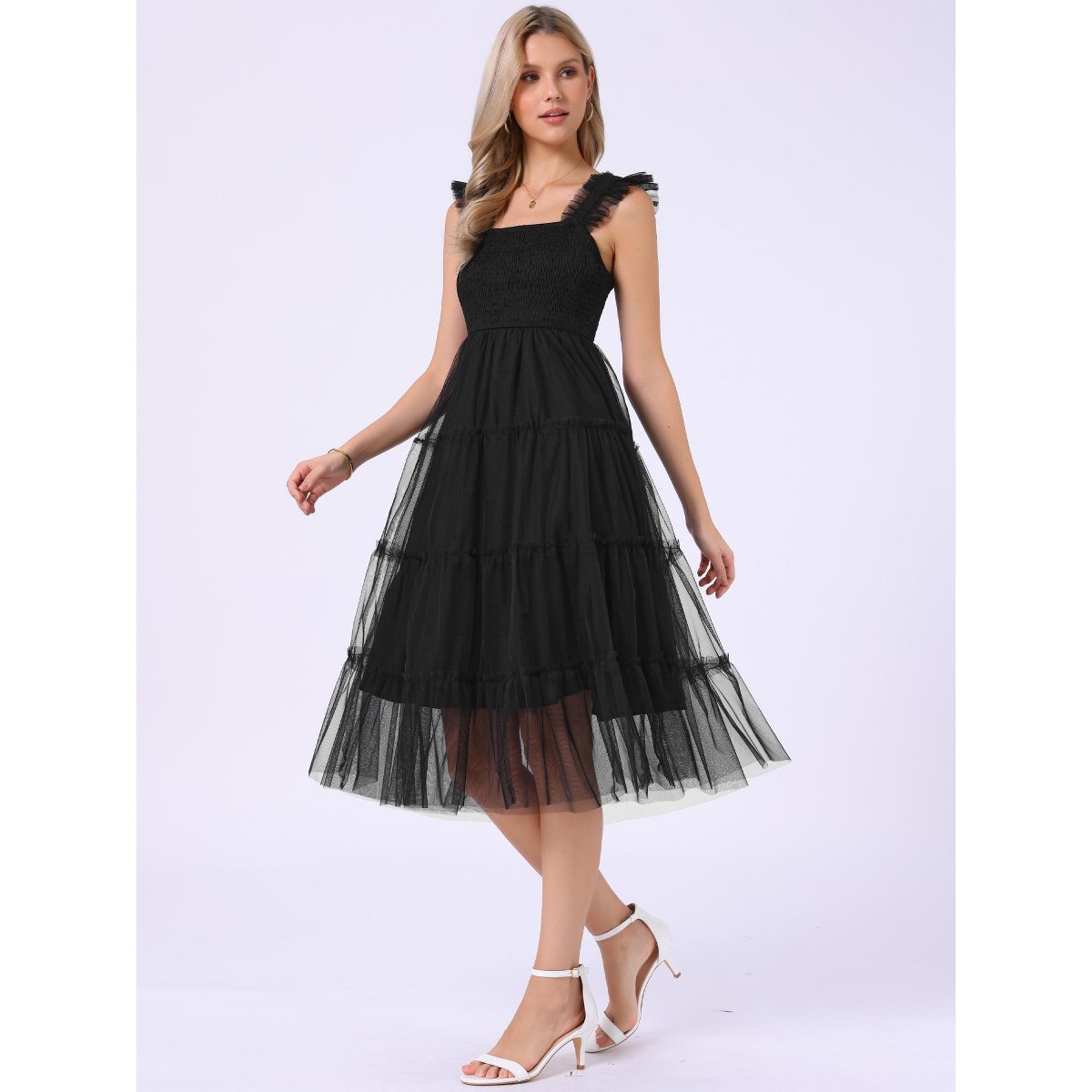 Женские платья INSPIRE CHIC Women's Summer Midi Sleeveless Smocked Square Neck Tiered Ruffled Wedding Guest Dress Medium Black — фото 2