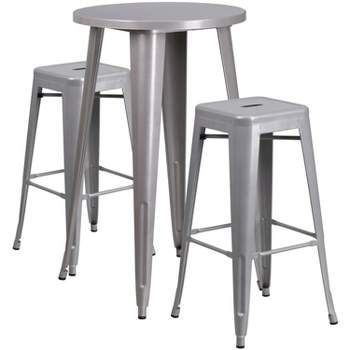 Flash Furniture Commercial Grade 24" Round Metal Indoor-Outdoor Bar Table Set with 2 Square Seat Backless Stools