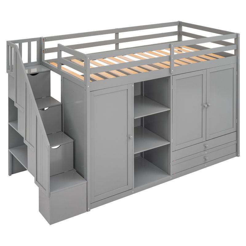 Functional Twin Loft Bed with 3 Shelves, 2 Wardrobes, 2 Drawers and Ladder with Storage-ModernLuxe, 5 of 11
