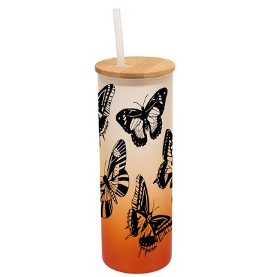 Elanze Designs Large Monarch Butterfly Insect Bug Wrap-Around Design 25 Ounce Frosted Gradient Glass On-The-Go Coffee Travel Skinny Tumbler Mug Cup,