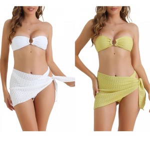 INSPIRE CHIC Women's O Ring Bandeau Ribbed Triangle Bottoms with Cover Up Bottoms Swimwear Bathing Bikini Suits 2 Sets - 1 of 4