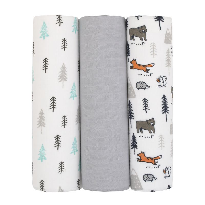 Carter's Woodland Friends Gray and White Tree Bear Squirrel 100% Cotton 3 Pack Muslin Swaddle Blankets, 2 of 6