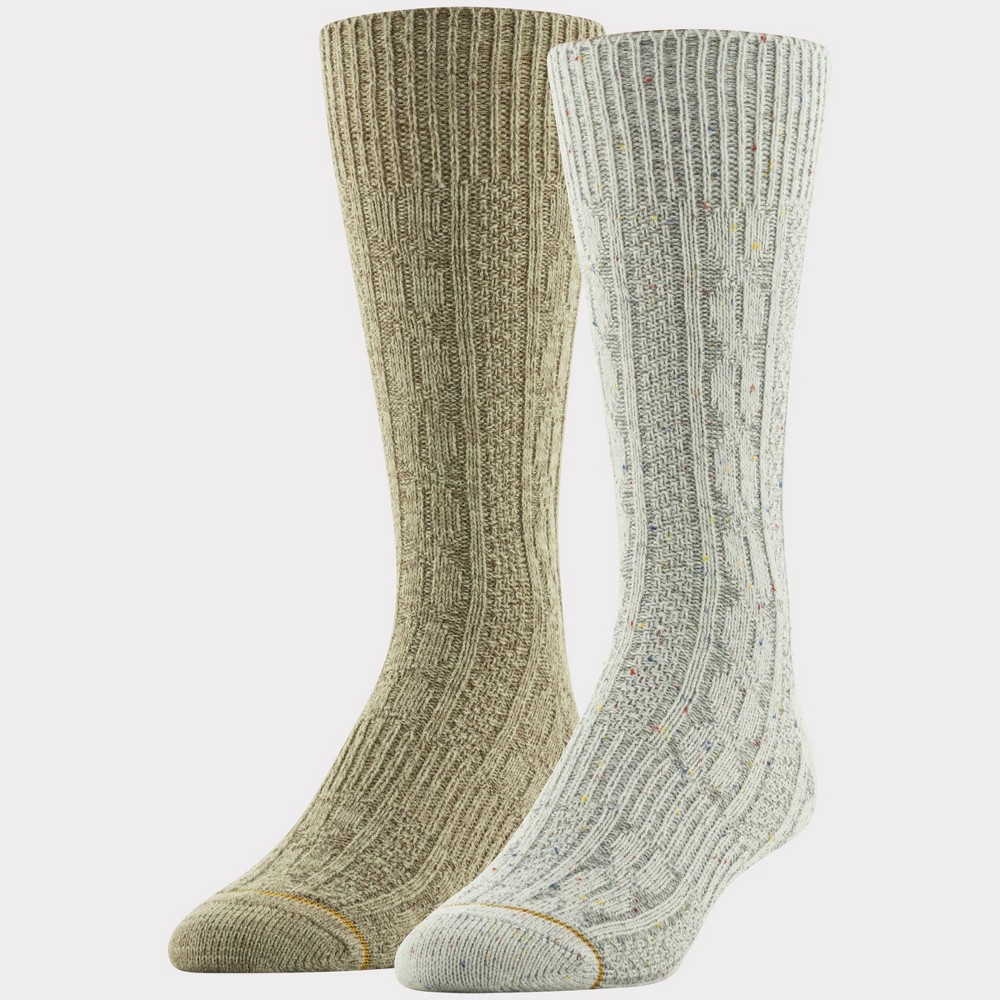 Goldtoe Signature Collection Men's Contrast Cable Crew Camp Socks 2pk - White/Gray/Khaki 6-12.5