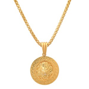 Steeltime 24" 14k gold plated sterling silver lion head round pendant with greek key accents - 1 of 3