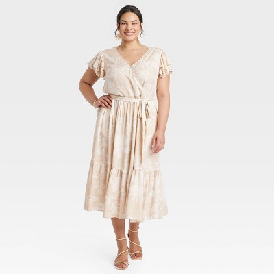 Women's Flutter Short Sleeve Tiered Midi Wrap Dress - Ava & Viv™ Tan Floral 3X