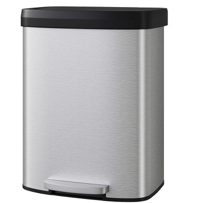 16 Gallon Trash Can with Soft Close Plastic Lid, Stainless Steel Garbage Can for Kitchen, Step-on Waste Bin with Liner Rim, Rear Handle,