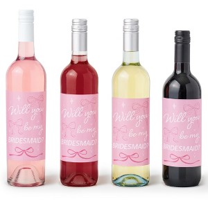 Big Dot of Happiness Pink Bows Will You Be My Bridesmaid Wine Bottle Label Stickers, Tying the Knot Bridesmaid Proposal Labels, Bridal Gift - Set of 4 - 1 of 4