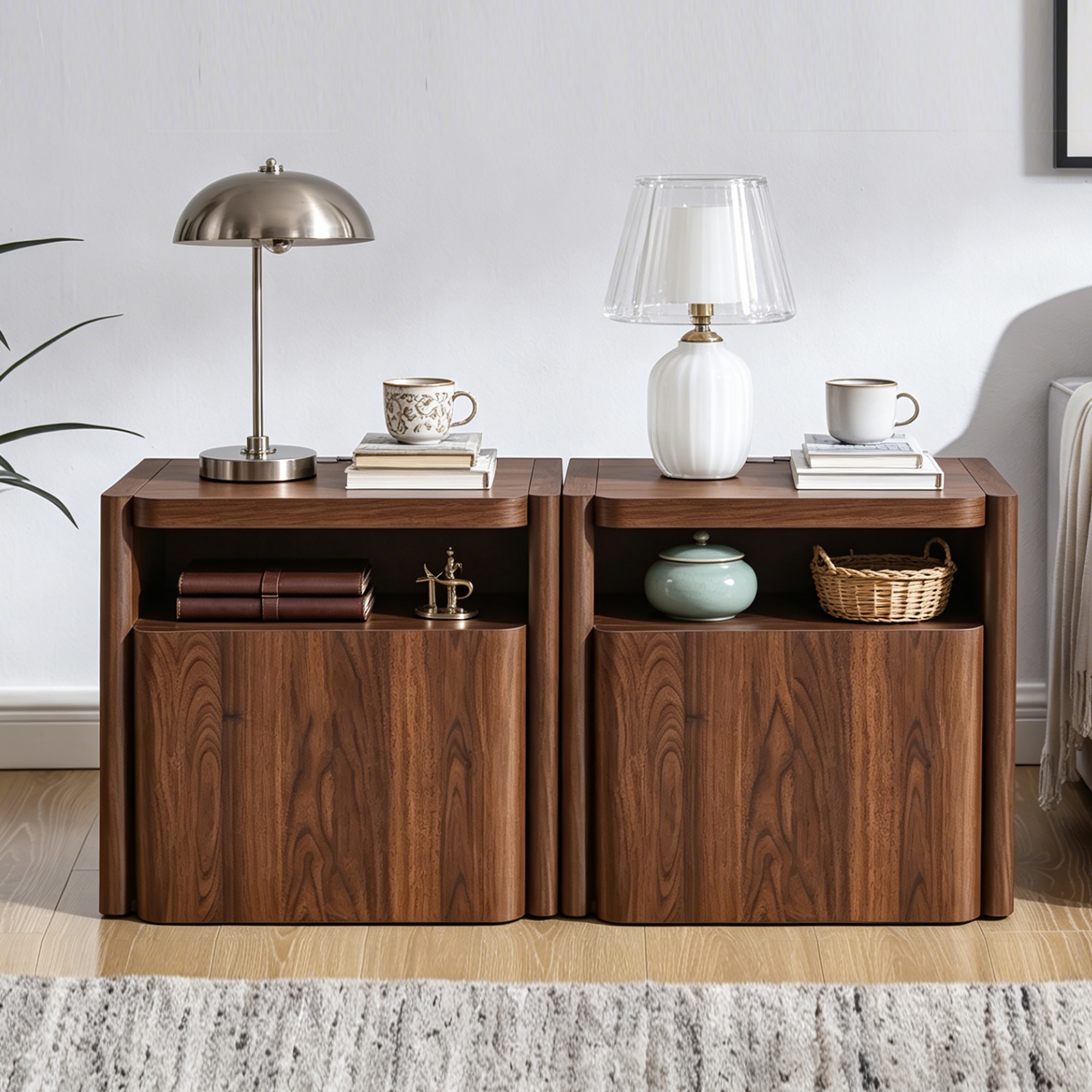 Nightstand Set of 2 with Charging Station, 23" Modern Bedside Table with Storage Cabinet & Open Shelf, End Table for Bedroom, Brown