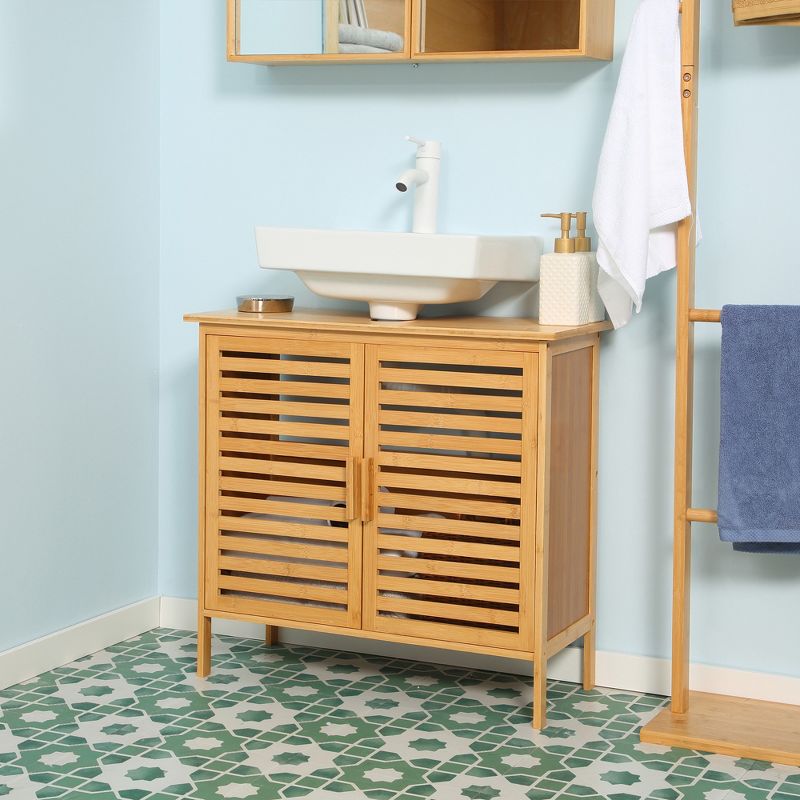 kleankin Bamboo Under Sink Cabinet with 2 Slatted Doors, Freestanding Bathroom Sink Cabinet Space Saver Bathroom Organizer, Natural, 2 of 7