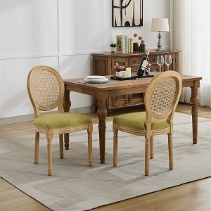 Gulches French Style Dining Chairs Set of 2, Olive-Green Linen Upholstered Rattan Back, Solid Wood Frame with Antique Paint Finish - 1 of 4