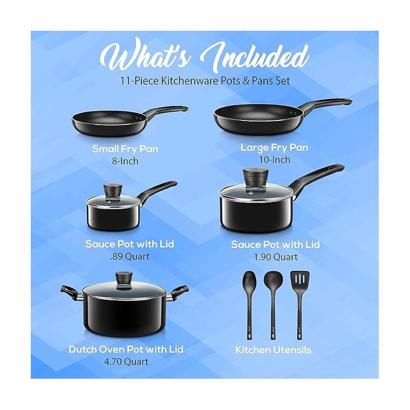SereneLife 11 Piece Kitchenware Pots & Pans Set – Basic Kitchen Cookware, Black Non-Stick Coating Inside, Heat Resistant Lacquer (Black), 2 of 7